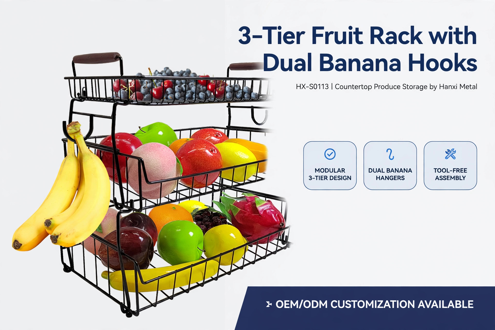 3-Tier Fruit Rack with Dual Banana Hooks